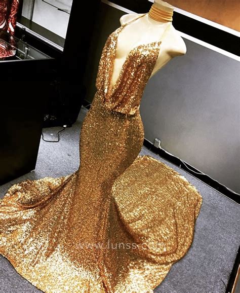 Plunging Cowl Neckline Gold Sequin Mermaid Prom Dress Lunss
