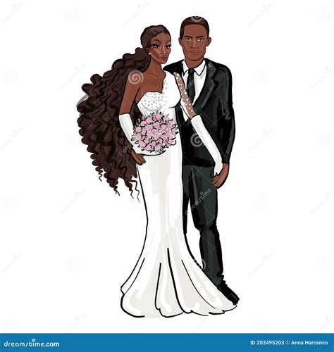 African American Just Married Couple Bride And Groom Cartoon Vector