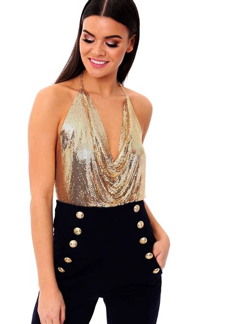 Gold Metal Mesh Backless Halter Neck Chainmail Chain Deep V Neck Crop