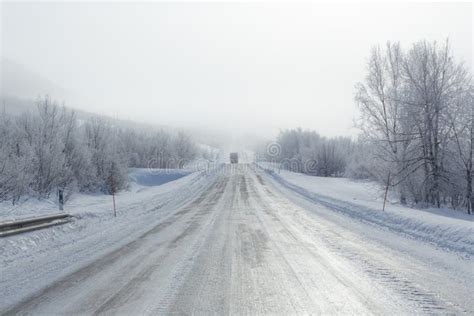 Remote Frozen Road In Fog In Winter Stock Image Image Of Nature