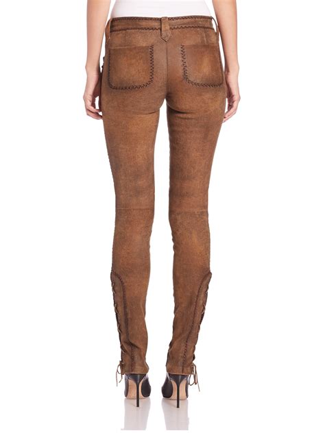 Lyst Polo Ralph Lauren Fringed Stretch Leather Pants In Brown