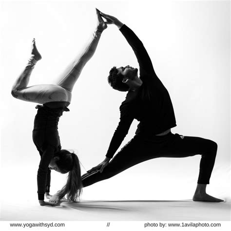 Partner Yoga Pose Handstand And Reversed Warrior Two Pose Yoga Goals Black And White
