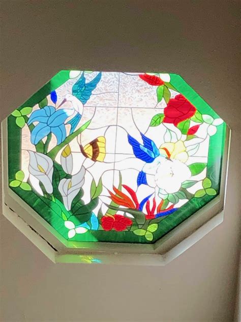 Hummingbirds And Flowers Octagonal Stained Glass Window