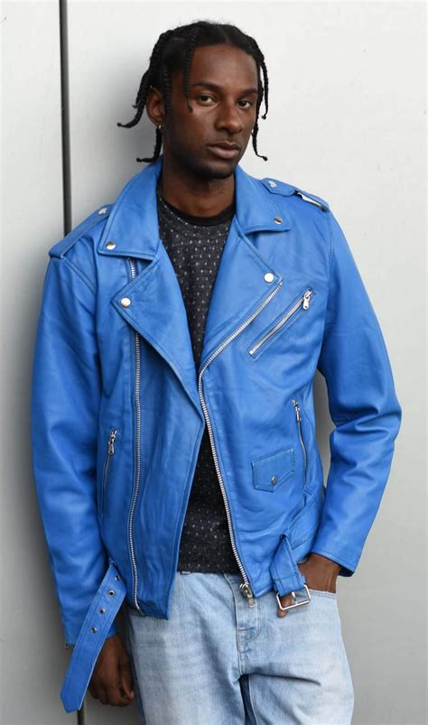 Intinity Brando - Mens Cross-Zip Brando Real Leather Jacket-Blue 
