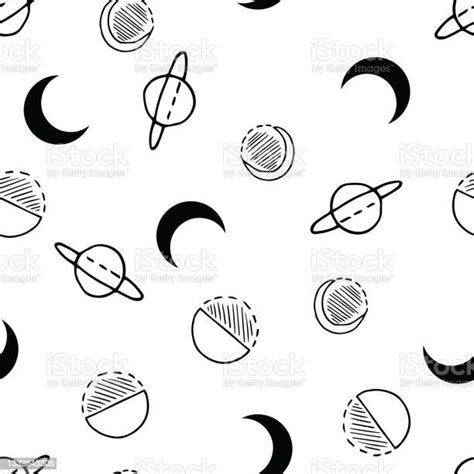 Hand Drawn Moon Planets Black And White Vector Seamless Pattern Stock