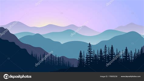 Landscape With Silhouettes Of Mountains And Forest At Sunrise Vector