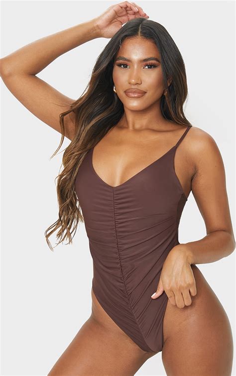 Chocolate V Neck Ruched Swimsuit Swimwear Prettylittlething Ca