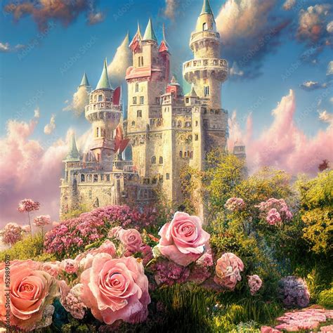 Fantasy Garden Castle With Many Flowers Roses And Clouds Illustration