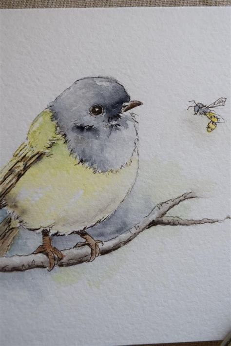 Gray And Yellow Bird Bee Watercolor Card Prints Etsy Bird Drawings