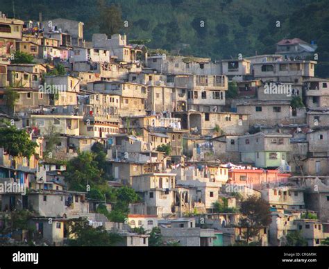 Living Area With A Large Number Of Simple Houses At A Hilly Area Stock