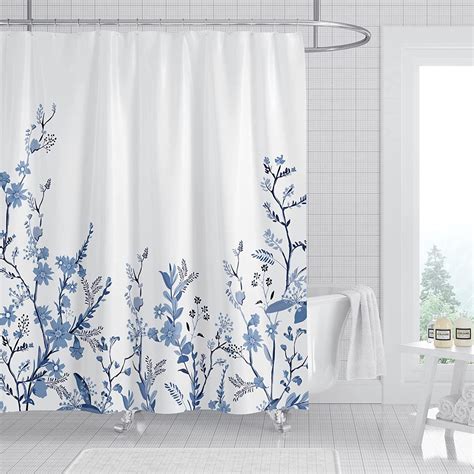 Blue Fabric Shower Curtain For Bathroom With 12 Hooks Floral Leaves