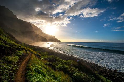 Landscape Mountains Pacific Ocean Clouds Grass Waves Path