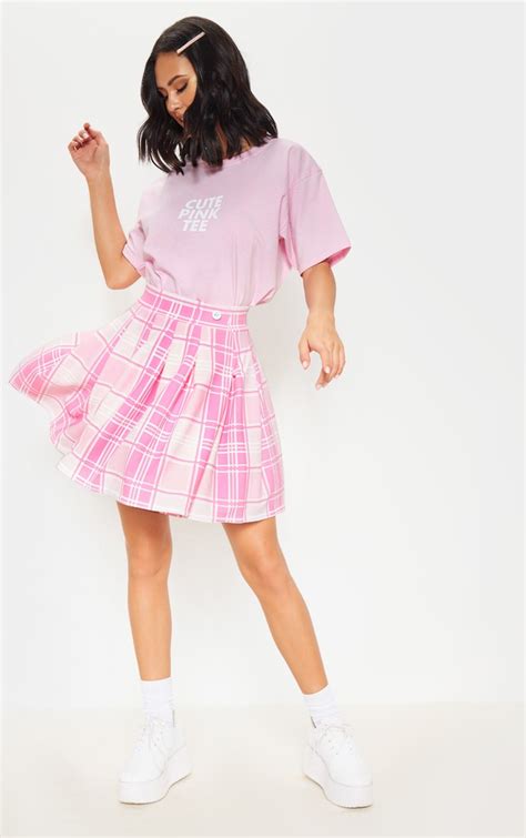 Pastel Pink Check Print Pleated Split Tennis Skirt Prettylittlething