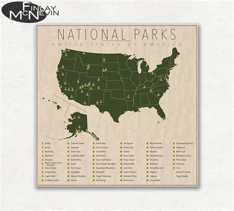 Us National Parks United States Park Map With State Borders Etsy