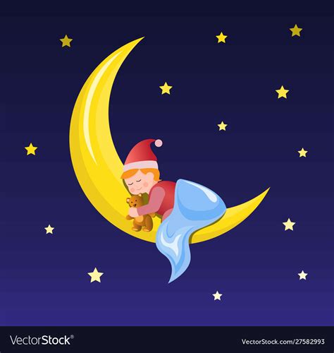 Baby Sleep On Crescent Moon With Doll Royalty Free Vector