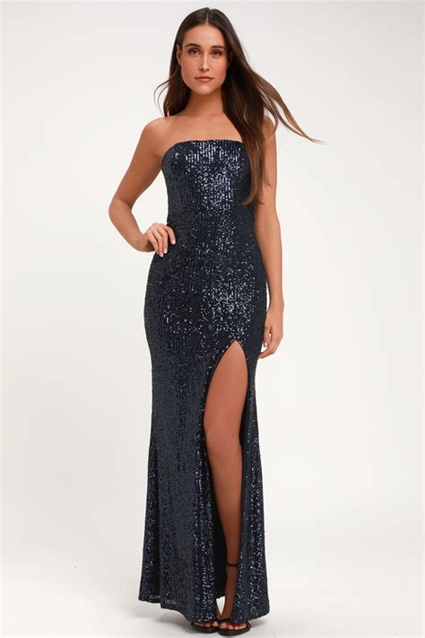 Lovely Navy Blue Sequin Dress Strapless Maxi Dress Sexy Gown Lulus