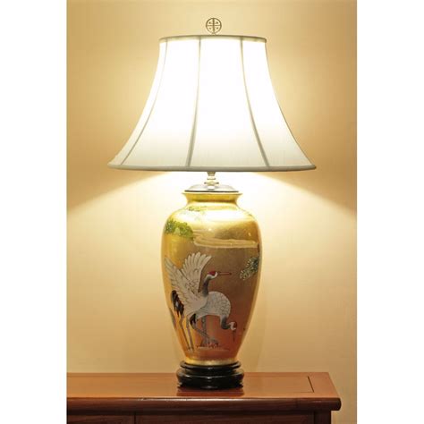 Gold Leaf Longevity Cranes Motif Chinese Ceramic Lamp Asian Table