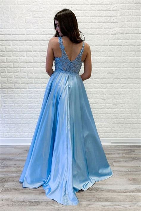 Light Blue Satin Prom Dresses Beaded Lace V Neckline Bodice