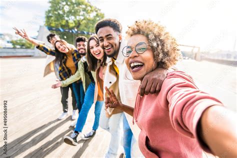 Multiracial Friends Group Taking Selfie Pic With Smartphone Outside Happy Young People Having