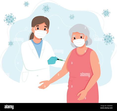 Vacunación Para Ancianos Ancianas Y Un Médico Con Jeringa Ilustración