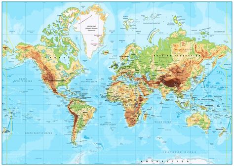 Physical World Map In Mercator Projection Stock Vector Illustration
