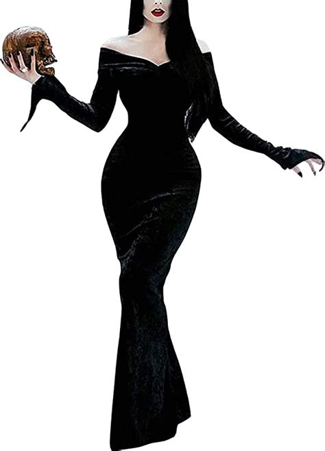 Robe Longue Noire Morticia Addams Costume Gothique Sorcière Vintage Col En V Robes Addams à