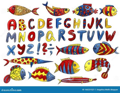 Cute Modern Alphabet With Funny Objects And Sea Cartoon Fish Letters