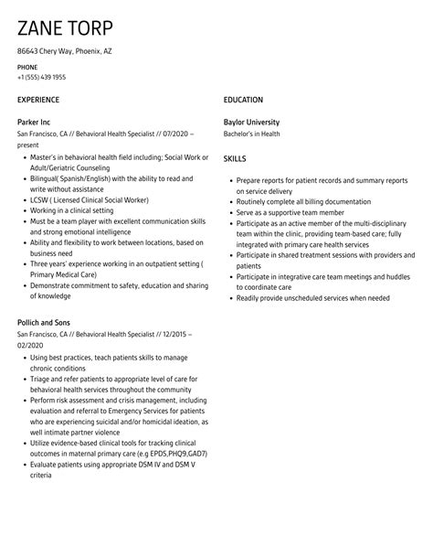 Behavioral Health Specialist Resume Samples | Velvet Jobs