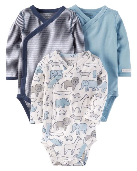 New Carters Jungle 3 Pk Side Snap Bodysuits Baby Boy Blue Long Sleeve