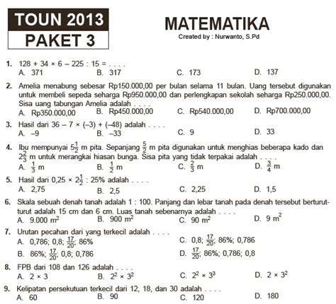 Paket Soal Latihan Ujian Sekolah Sd Mi Matematika Soalujian Net
