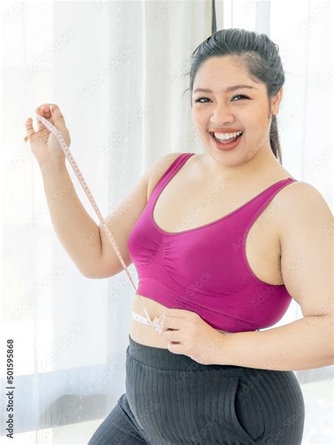 Asian Fat Women Fat Girl Chubby Overweight Measuring Her Waist In
