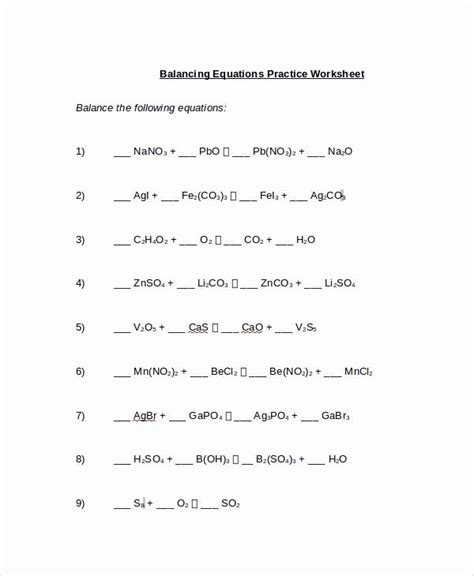 In this worksheet, we will practice balancing chemical equations by consideration of the atom numbers, charges, electron counts, and oxidation states. Balancing Equations Practice Worksheet Answers ...
