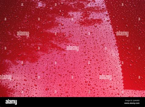 Red Vivid Abstract Background With Natural Water Drops Wet Car Hood Surface After The Rain