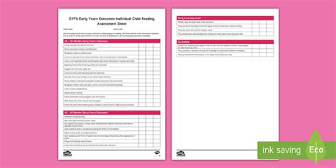 Eyfs Early Years Outcomes Individual Child Reading Assessment Sheet
