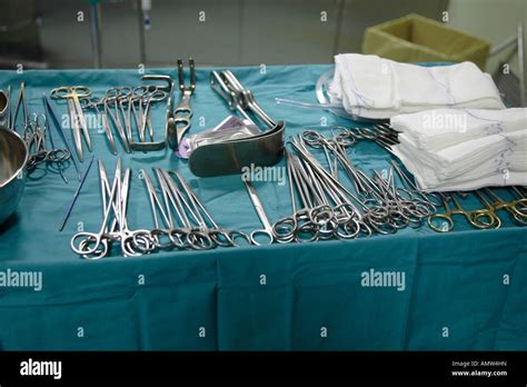 Array Of Sterilized Surgical Instruments In Operating Theatre Stock