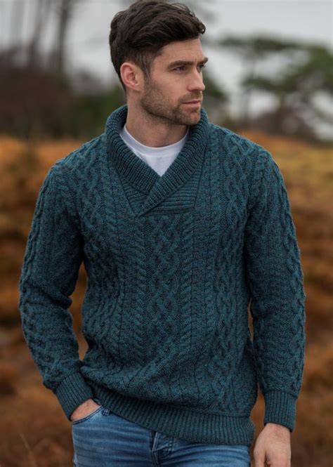 Made In Ireland By Aran Crafts Aran Shawl Collar Mens Sweater Sh4177