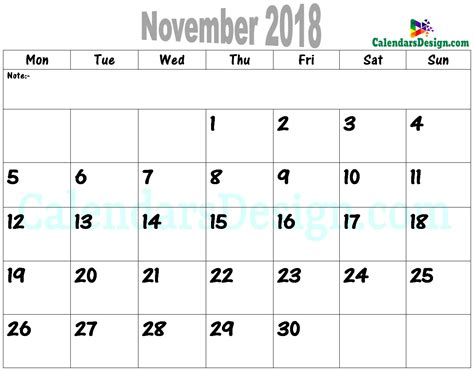 November 2018 Calendar Pdf