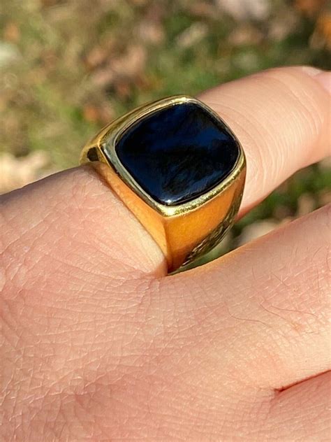 14k Gold Over Real Solid 925 Sterling Silver Black Onyx Stone Mens