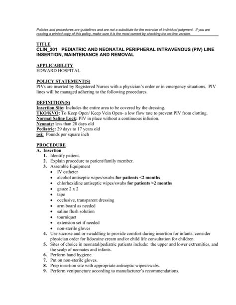 Title Clin201 Pediatric And Neonatal Peripheral Intravenous Piv Line