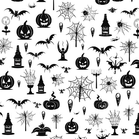 Halloween Seamless Pattern Holiday Black Ink Silhouettes Cartoon