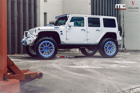 Lifted Stylish White Jeep Wrangler On 24 Inch Blue Vellano Rims And