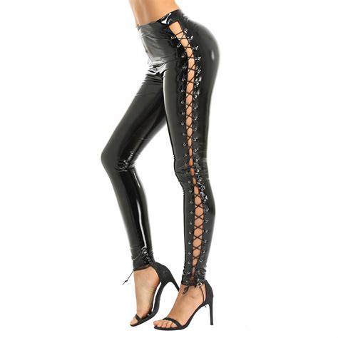 Sexy Women S Wet Look Leather Skinny Pants Side Lace Up Leggings Trousers Club Ebay