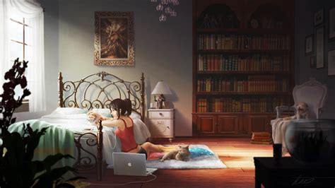 Desktop Wallpaper Cute Anime Girl Relaxed Bedroom Original Hd Image