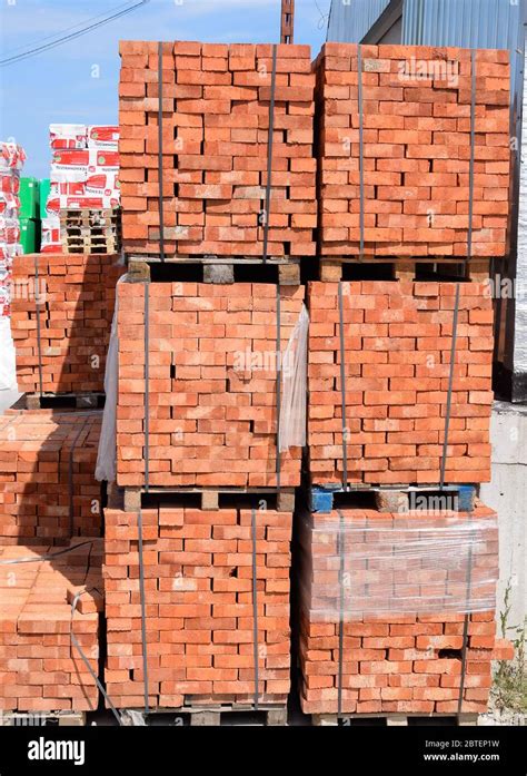 Bricks On Pallets Storage Of Bricks At The Construction Site Stock