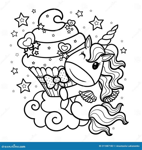 Cute Cartoon Unicorn With Cream Cupcake Black And White Children S