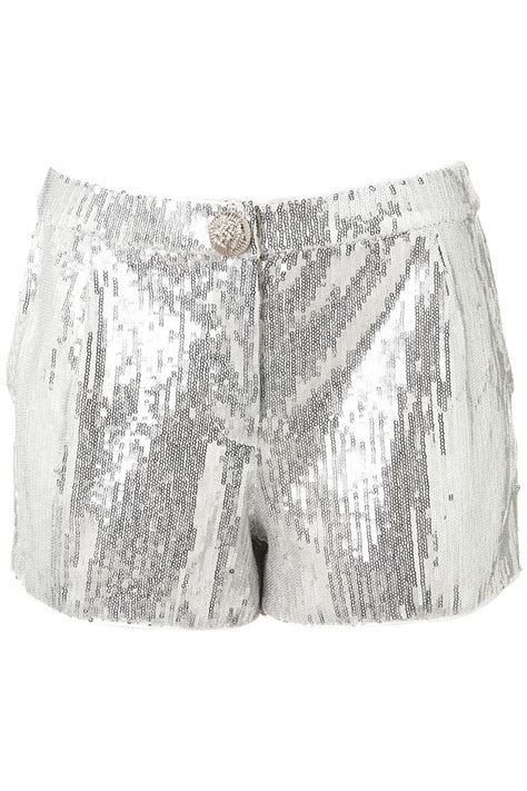 Topshop Sequin Shorts In Silver Lyst