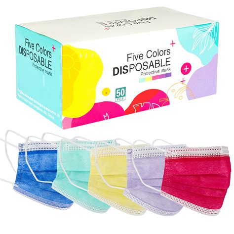 50 Disposable Multi Color Face Masks 3 Ply Breathable Dust Protection