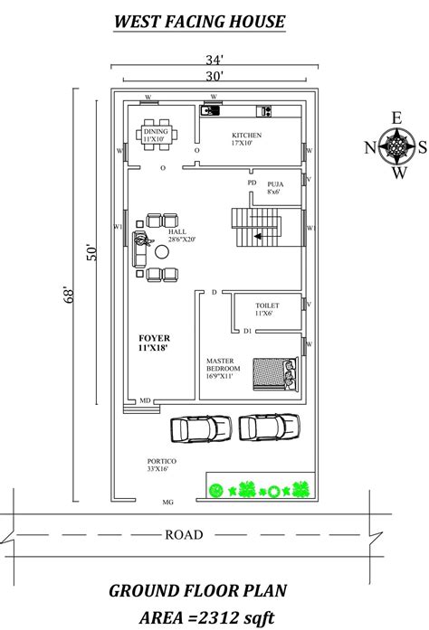 30x50 Single Bhk West Facing House Plan As Per Vastu Shastra Autocad