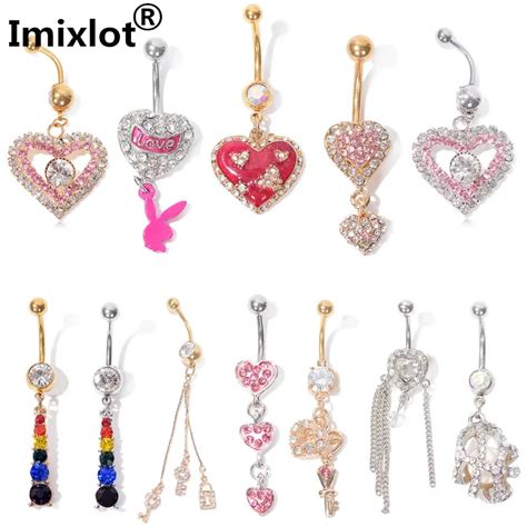 1 Pc Sexy Rhinestone Heart Belly Button Rings Surgical Steel Chain Dangling Navel Rings Piercing