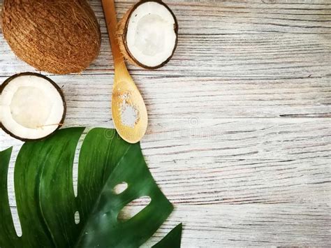 Coconut Oil Tropical Leaves And Fresh Coconuts Stock Photo Image Of